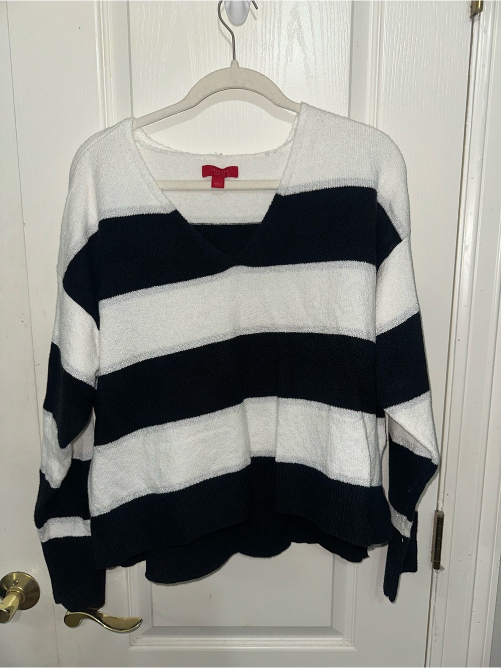 Jennifer Lopez Black & White Striped V-Neck Sweater